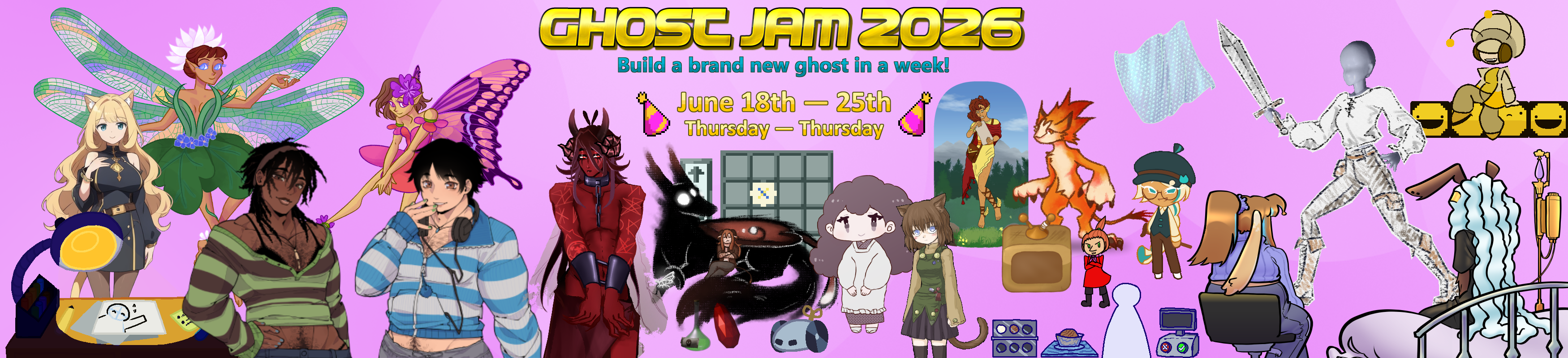 The submitted ghosts from the previous ghost jam. Text on the banner reads: Ghost Jam 2026. Build a brand new ghost in a week! June 18–25th. Thursday–Thursday.